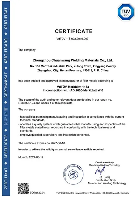 VdTÜV Certification for Welding Consumables Used in Pressure Equipment