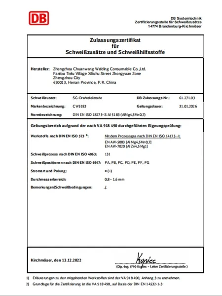 Aluminium welding wire certifications for pressure vessels