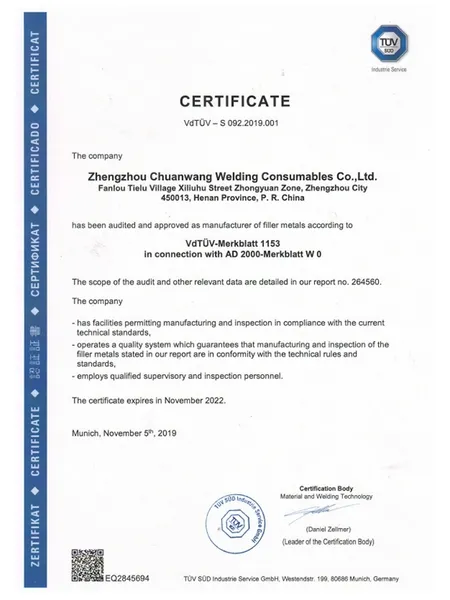 Aluminium pressure vessel welding wire certifications
