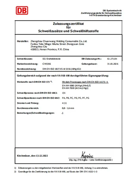 Aluminium pressure vessel welding wire certifications