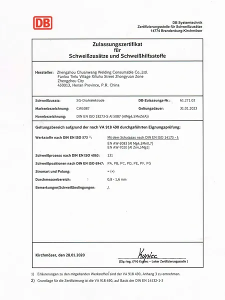 Aluminium pressure vessel welding wire certifications